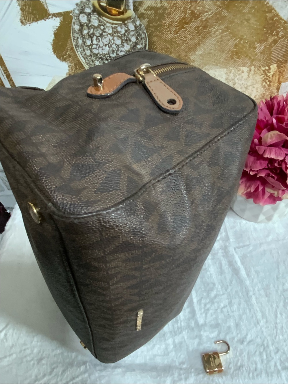 Michael Kors Dark Brown Monogram Satchel with Tan Handles - Picture 12 of 14